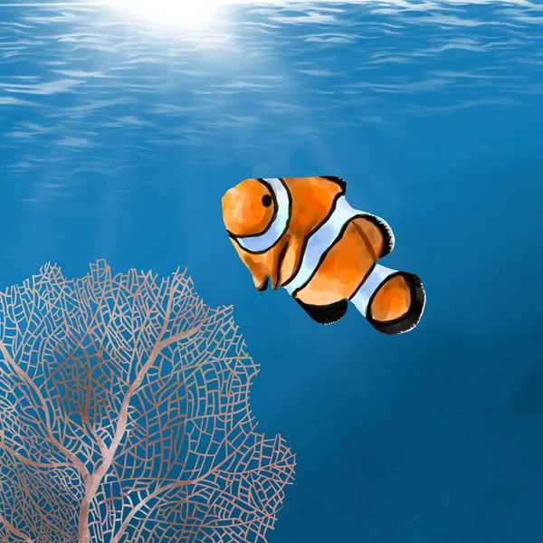 Akvarell clown fisk på bakgrunden av havet och korall — Stockfoto