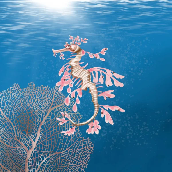 Akvarell sjöhäst simmar i havet. Realistisk illustration — Stockfoto