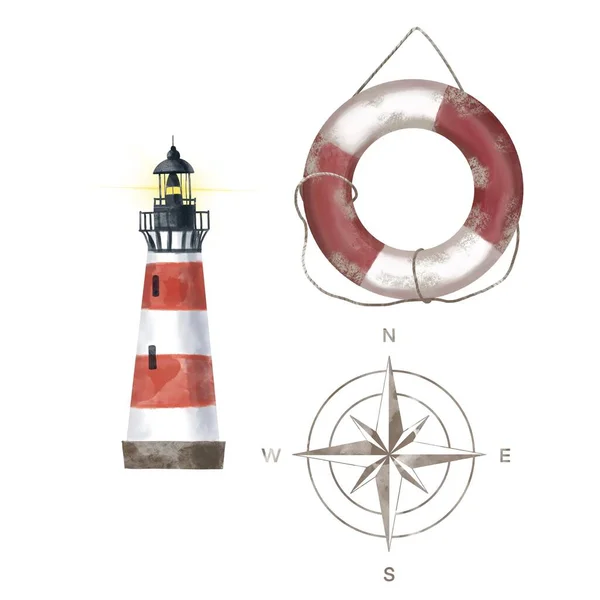 Faro de acuarela, salvavidas y rosa de viento. Tema marino. Ilustración aislada sobre fondo blanco —  Fotos de Stock