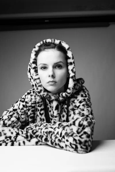 woman in leopard print, black and white art portrait