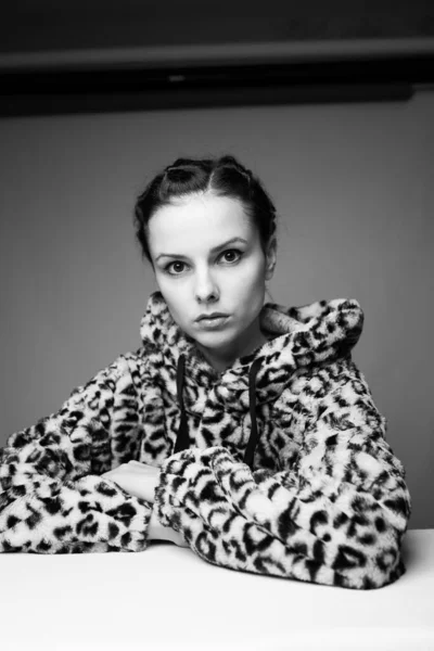 Woman Leopard Print Black White Art Portrait Stock Image