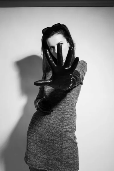 Woman Covers Her Face Her Hand Long Gloves Dress Black — Stock Photo, Image