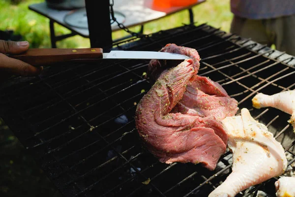 Detalles Una Barbacoa Carne Casera Vacaciones — Foto de Stock