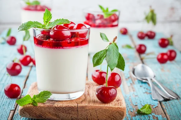 Homemade dessert panna cotta with cherry and mint — Stock Photo, Image