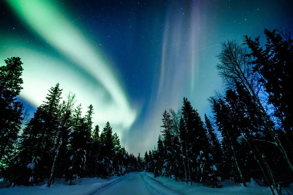 Northern Lights Aurora Borealis Activity Road Winter Finland Lapland — Stock Photo, Image