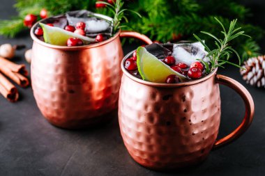 Moskova Katırı kokteyli, yılbaşı için kızılcık ve bakır bardaklarda limon.