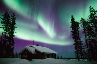 Kuzey ışıkları Aurora Borealis etkinliği Finlandiya ve Laponya 'daki ahşap kulübe üzerinde