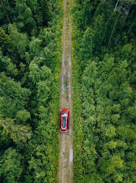 Повітряний Вид Червону Машину Дахом Зеленій Літній Лісовій Дорозі Фінляндії — стокове фото