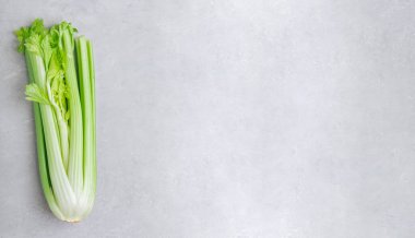 Kereviz. Gri taş zemin üzerinde taze yeşil organik kereviz, fotokopi alanı ile üst görünüm