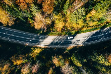 Aerial view of fall road and car through the autumn forest with yellow and red leaves
