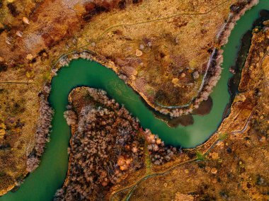 Altın renkli sonbahar veya sonbahar ormanlarındaki kıvrımlı nehir ve yol manzarası