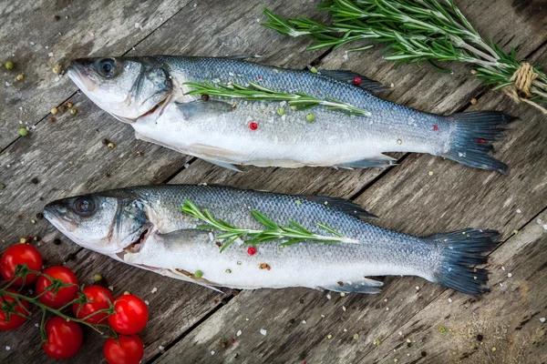 チェリー トマトとローズマリーの 2 つの raw シーバス — ストック写真