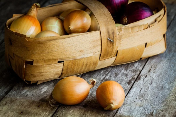 Cebollas orgánicas frescas en una cesta —  Fotos de Stock