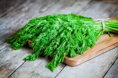 ahşap arka plan üzerinde taze organik dereotu demet