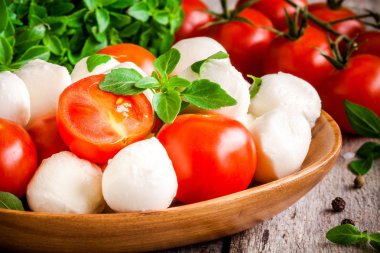 Mozzarella peyniri, organik kiraz domates ve taze fesleğen portre