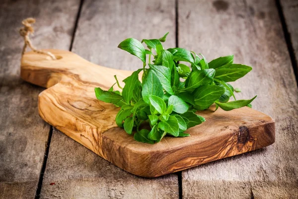 Bunch of fresh organic basil in olive cutting board — Stock Photo, Image