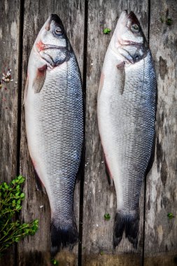 ahşap masa üzerinde taze kekik ile iki çiğ levrek