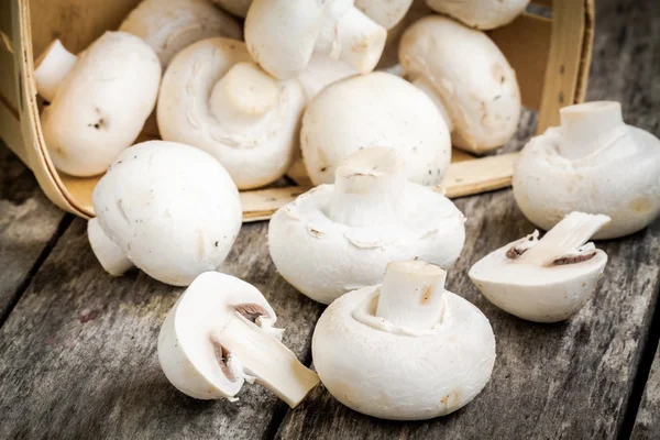 Raw fresh champignons in  the basket — Stock Photo, Image