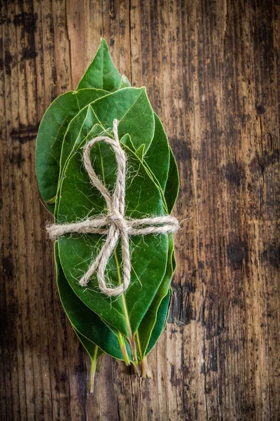 Bunch of fresh bay leaves on a wooden background — Stock Photo, Image