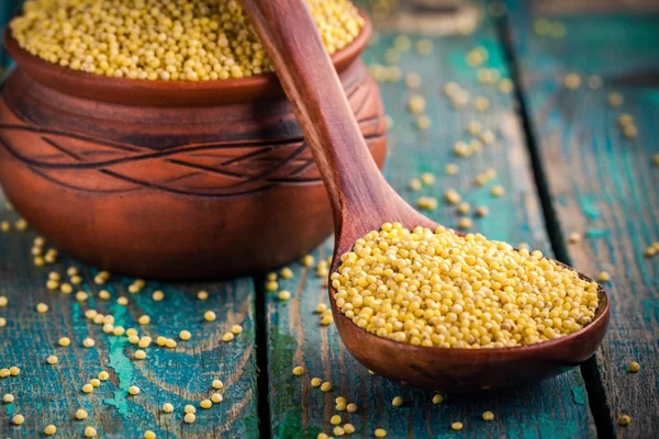 Organic millet seeds in a spoon and a ceramic bowl closeup — Stock Photo, Image