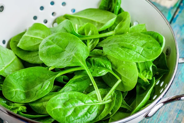 Raw fresh spinach in a white colander closeup — Stock Photo, Image