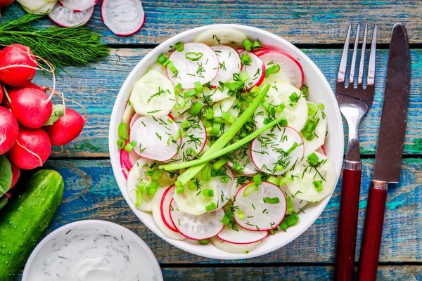 Potato salad with fresh radishes in a white bowl  with dill and green onion — Stock Photo, Image