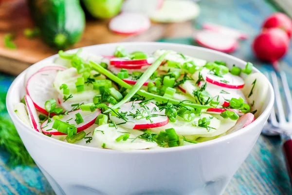 Картофельный салат со свежей редиской в белой миске с укропом и зеленым луком — стоковое фото
