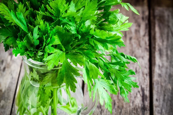 Organic fresh bunch of parsley in a glass jar closeup — Stock Photo, Image