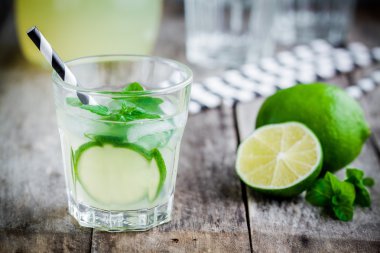 homemade lemonade with lime, mint and ice on a wooden table