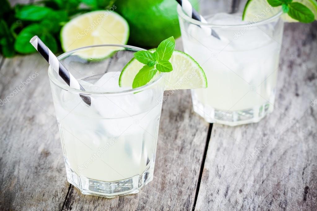 homemade lemonade with lime, mint and ice on a wooden table