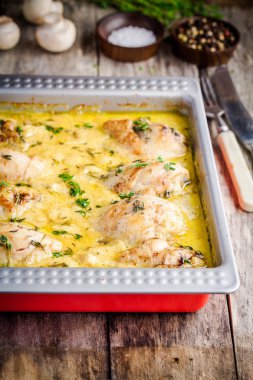 Hardal soslu mantarlı tavuk budu pişmiş