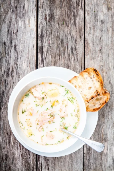 Zelfgemaakte soep met zalm en crème — Stockfoto