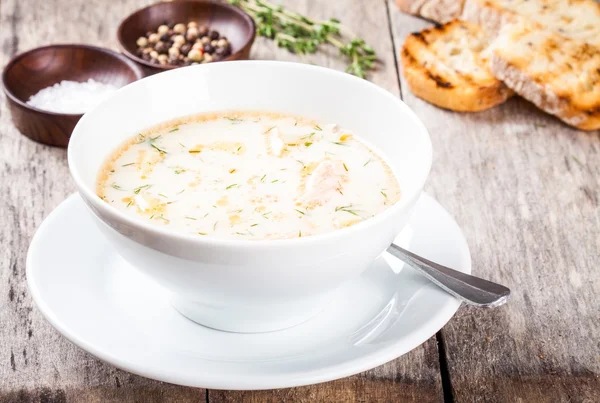 Homemade soup with salmon and cream with croutons — Stock Image Homemade soup with salmon and cream with croutons Stock Picture