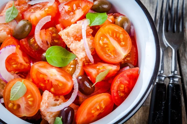 Panzanella: Italian salad with tomatoes, ciabatta, olives, red onion and basil closeup — Stock Photo, Image