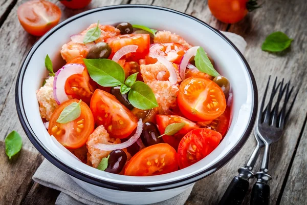 Panzanella: Italian salad with tomatoes, ciabatta, olives, red onion and basil — Stock Photo, Image