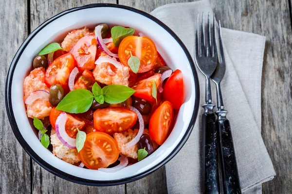 Panzanella : salade italienne aux tomates, ciabatta, olives, oignon rouge et basilic — Photo