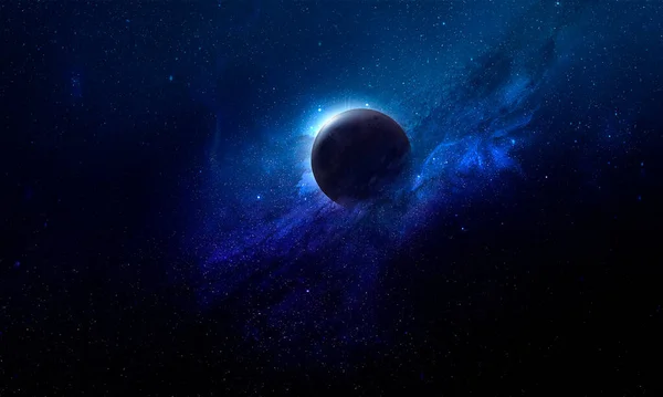 Planetas Espacio Resplandor Las Estrellas Una Nebulosa Azul Espacio Abstracto — Foto de Stock