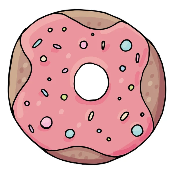 Ronde Heerlijke Donut Met Roze Glazuur Besprenkeling Vectorelement Schattige Tekening — Stockvector
