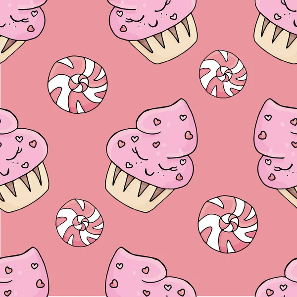 Aranyos Cukorka Cupcakes Szemekkel Cukormáz Szórás Rózsaszín Virágok Rózsaszín Alapon — Stock Vector