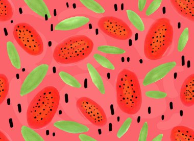 Yeşil yapraklı, tropikal meyve papayalarının soyut yarıları siyah soyut vuruşlarla pembe zemin üzerinde, işaretleyiciler tarafından çizilmiş, canlı materyallerle özgün ve soyut şekilsiz desenler