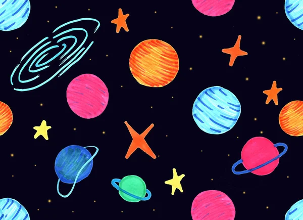 Cute Space Markers Background Blue Sky Children Drawing Markers Planets — Stock Photo, Image