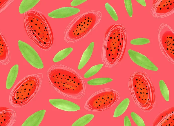 Abstraktní Půlky Tropického Ovoce Papája Zelenými Listy Růžovém Pozadí Kresba — Stock fotografie