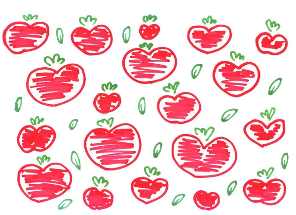 Tomates Rojos Divertidos Forma Corazones Con Hojas Verdes Dibujo Con — Foto de Stock