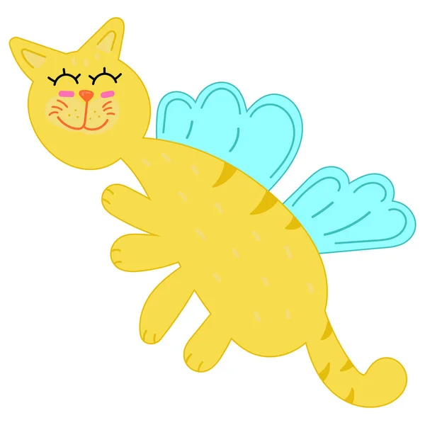 Lindo Gato Volador Amarillo Con Alas Vector Niños Ilustración Dibujo — Vector de stock