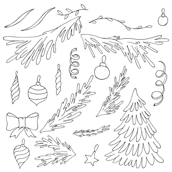 Conjunto Árvores Ramos Abeto Desenhos Infantis Simples Doodles Inverno Bonito —  Vetores de Stock