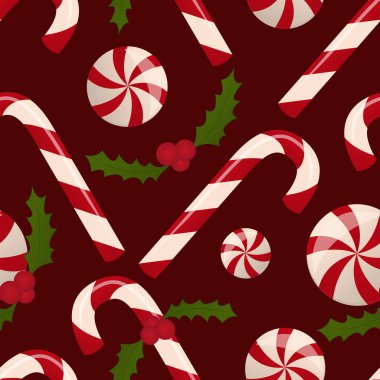 Şeker kamışları, karamel ve çobanpüskülü. Noel 'in sembolü. Burgundy arka planında kusursuz bir şekil.