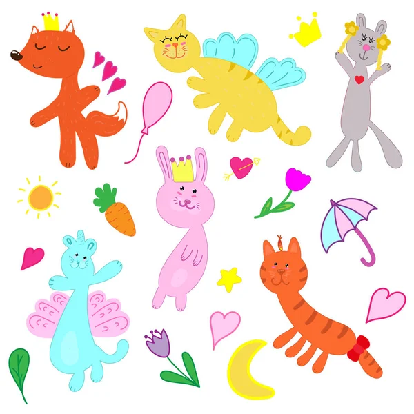 一组可爱的猫 兔子和狐狸 卡通和神话 儿童的矢量插图 — 图库矢量图片