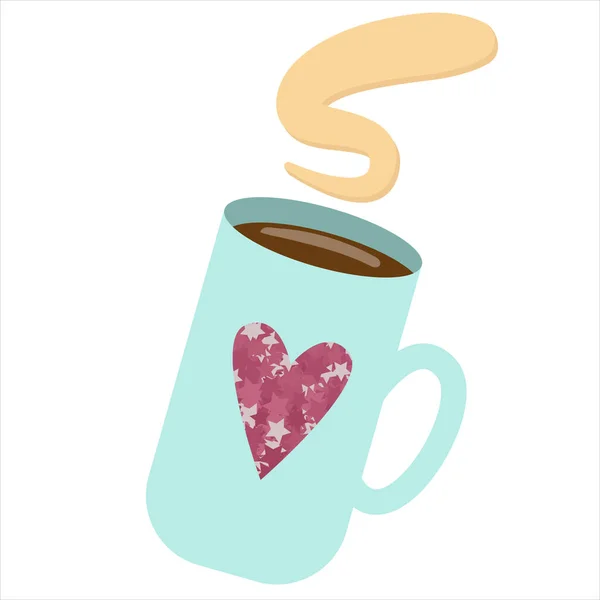Голубая Кружка Ароматным Горячим Кофе Розовый Блестящий Элемент Сердца Вектор — стоковый вектор