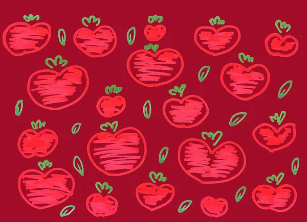 Tomates Rojos Divertidos Forma Corazones Con Hojas Verdes Dibujo Con — Foto de Stock