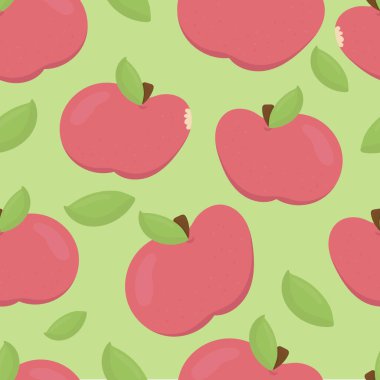 Yeşil çimenli yeşil arkaplanda şirin kırmızı elmalar, düz biçimli vektörsüz desenler.